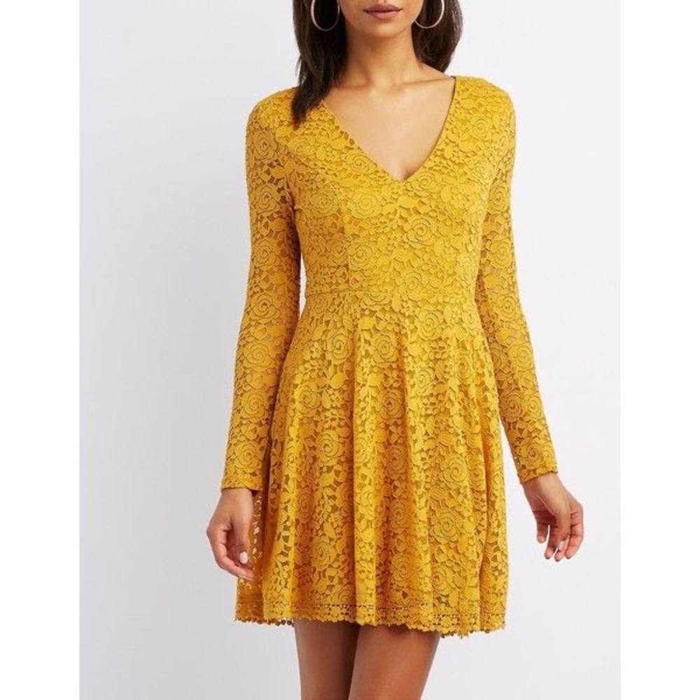 Charlotte Russe Lace V Neck Mustard Skater Dress